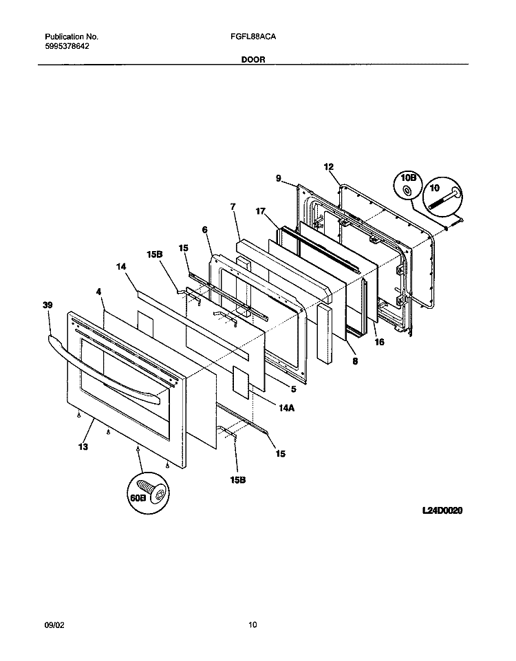 DOOR Diagram and Parts List for FGFL88ACA  Frigidaire Range
