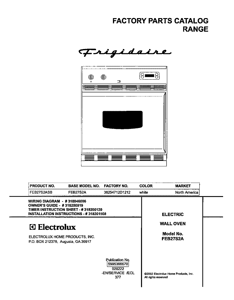 COVER Diagram and Parts List for FEB27S2ASB  Frigidaire Wall Oven