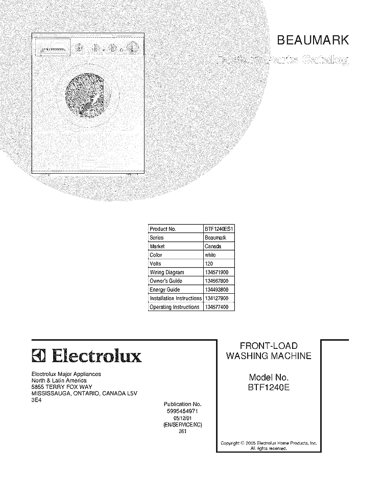 COVER Diagram and Parts List for BTF1240ES1  Crosley Washer