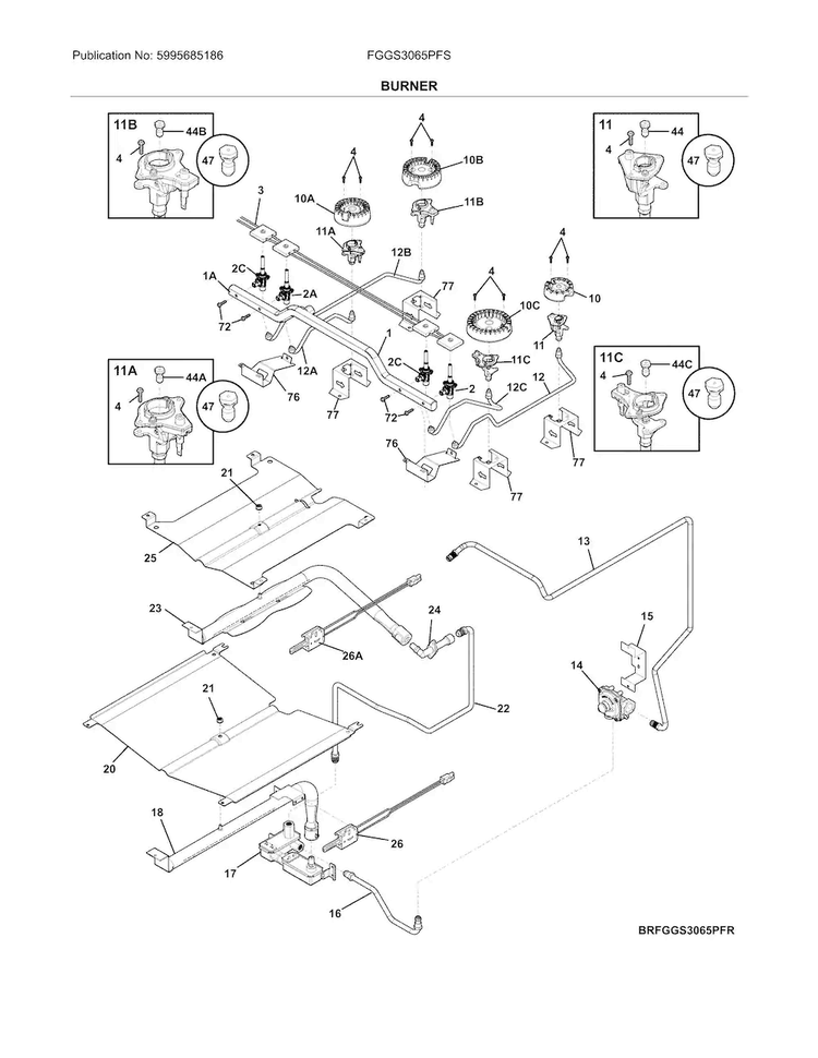 Burner Diagram and Parts List for FGGS3065PFS  Frigidaire Range