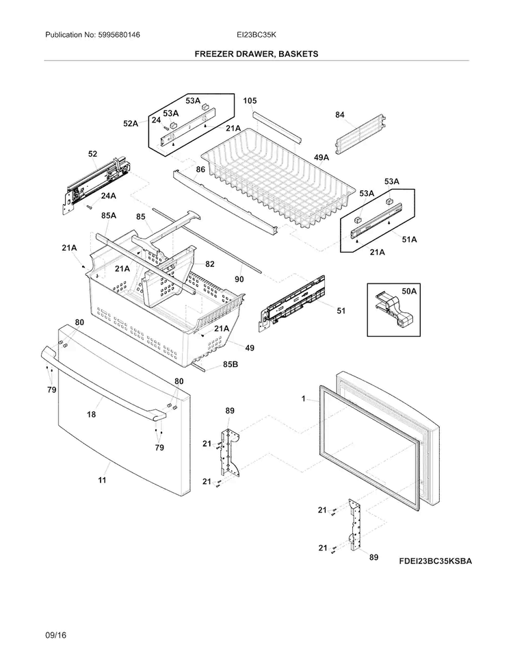 Freezer Drawer, Baskets Diagram and Parts List for EI23BC35KSDA  Electrolux Refrigerator