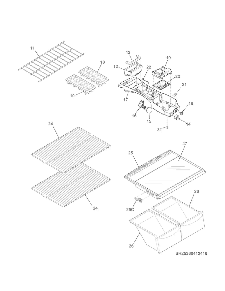Shelves Diagram and Parts List for 25360412410  Kenmore Refrigerator