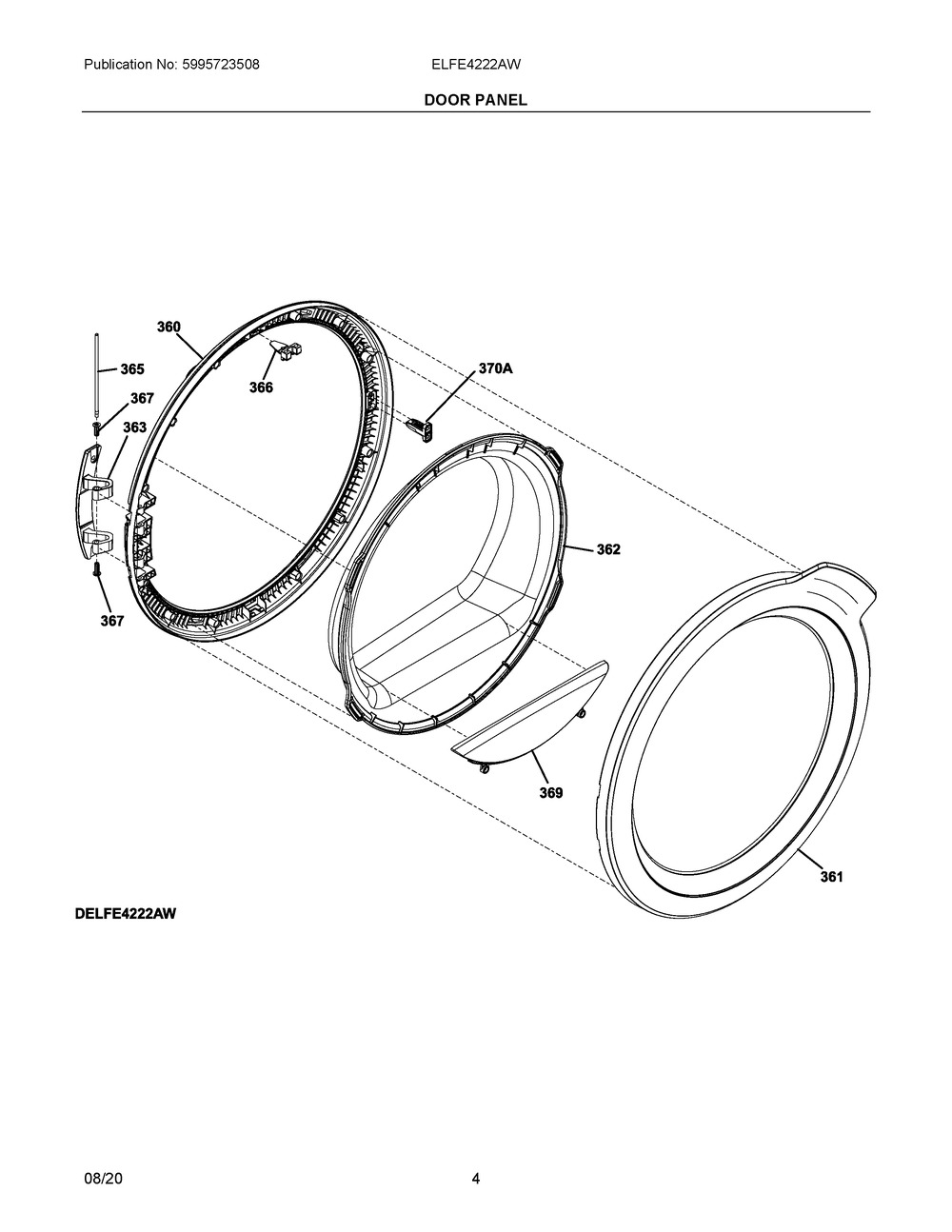 Door Panel Diagram and Parts List for ELFE4222AW  Frigidaire Dryer