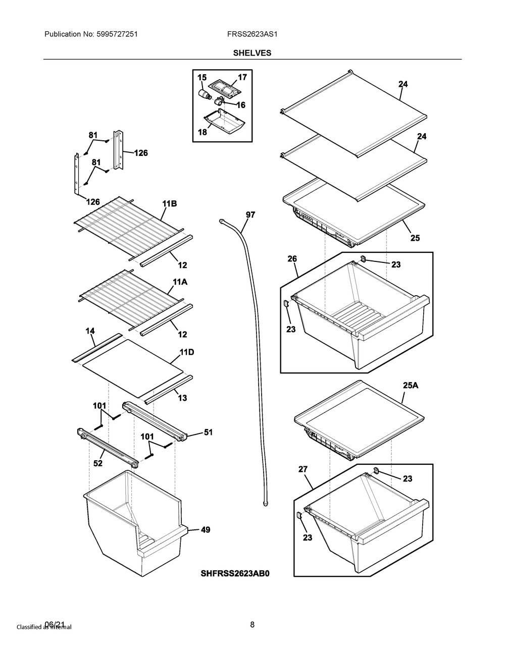 Shelves Diagram and Parts List for FRSS2623AS1  Frigidaire Refrigerator