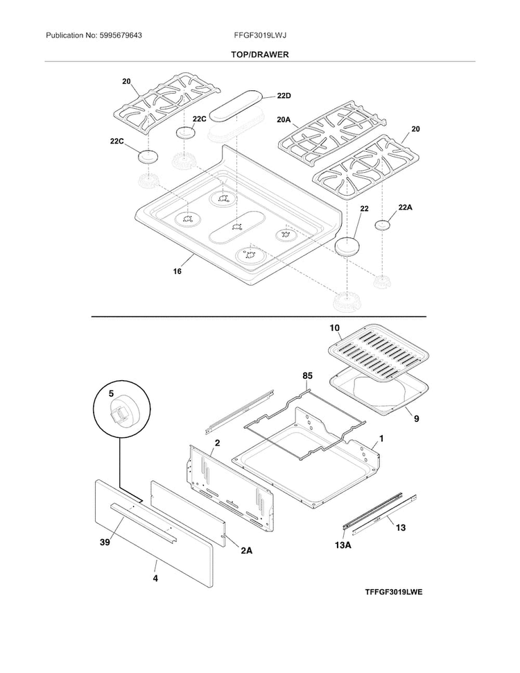 Top/drawer Diagram and Parts List for FFGF3019LWJ  Frigidaire Range