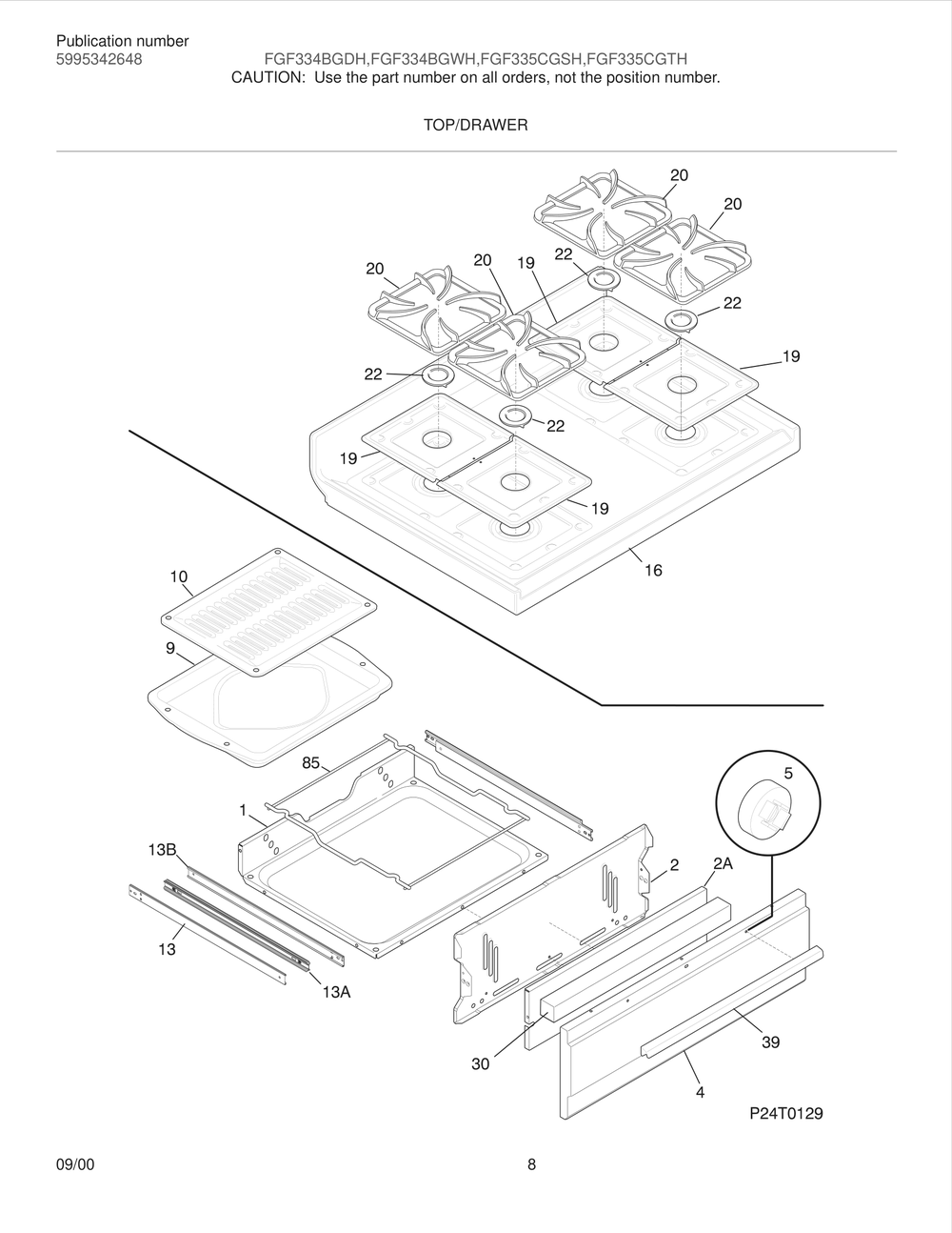 Top/Drawer Diagram and Parts List for FGF334BGDH  Frigidaire Range