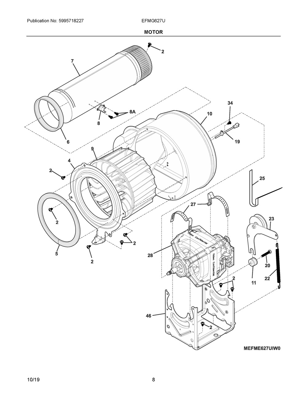 Motor Diagram and Parts List for EFMG627UTT0  Frigidaire Dryer