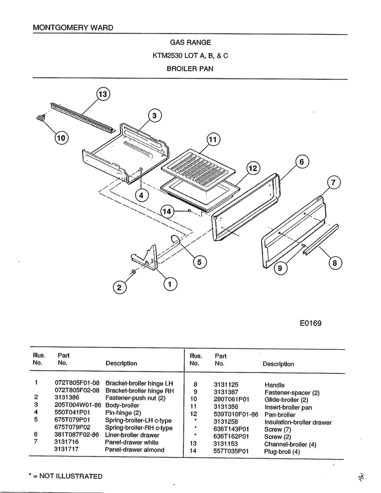 Broiler Pan Diagram and Parts List for 2530B  Frigidaire Range