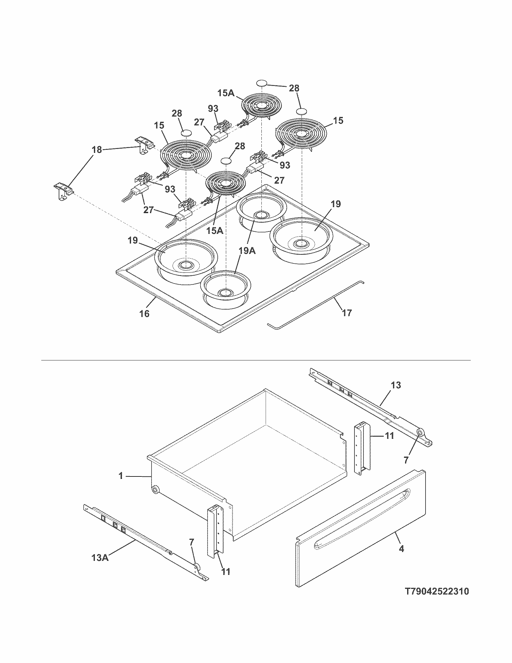 Top/drawer Diagram and Parts List for 79042522311  Kenmore Range