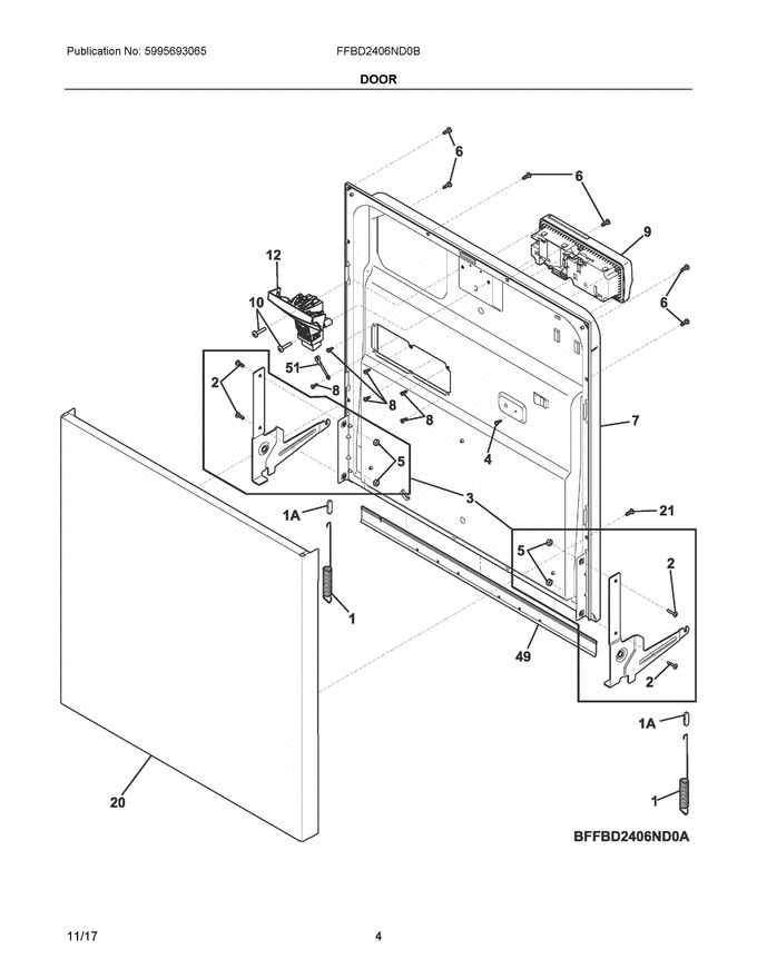03 - Door Diagram and Parts List for FFBD2406ND0B  Frigidaire Dishwasher