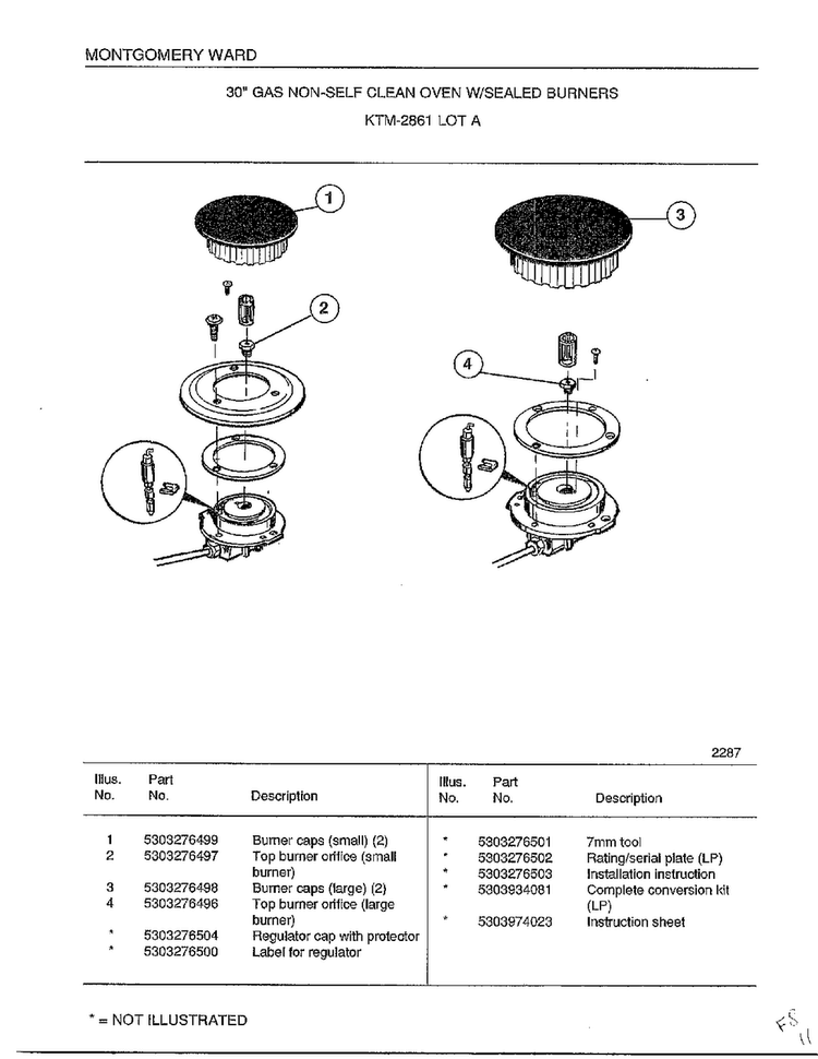 Burners Diagram and Parts List for 2861A  Frigidaire Range