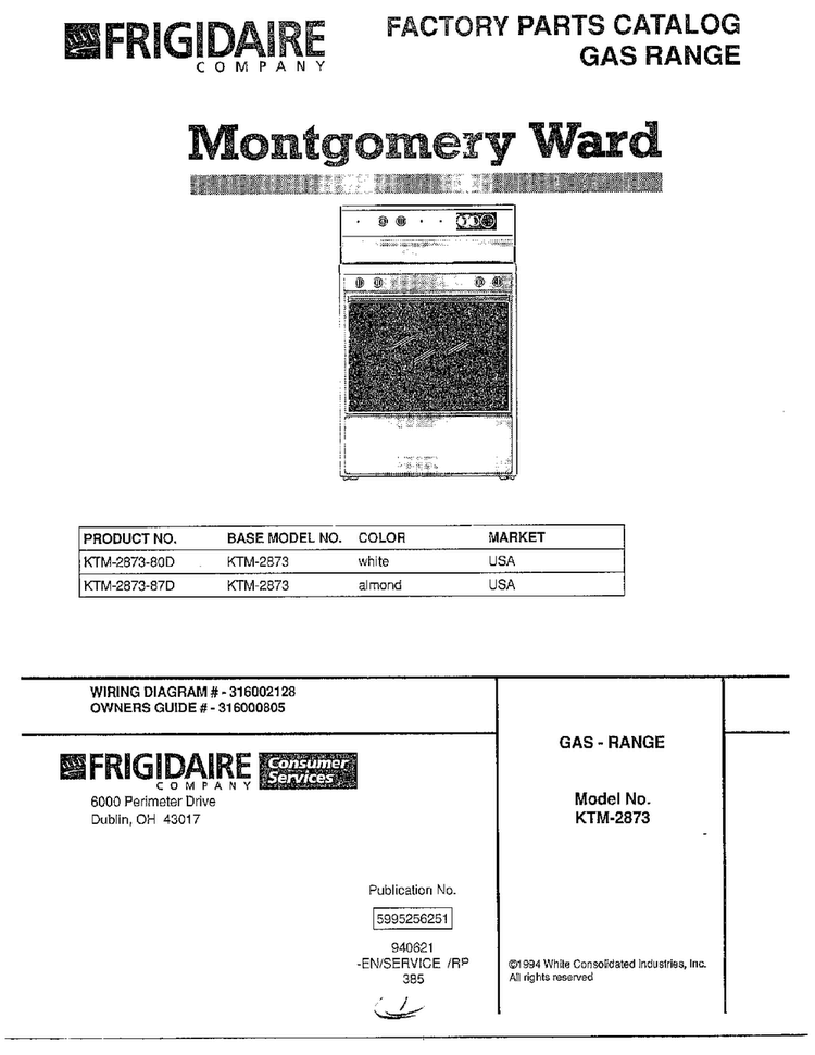 Gas Rangefront Cover Diagram and Parts List for 2873  Frigidaire Range