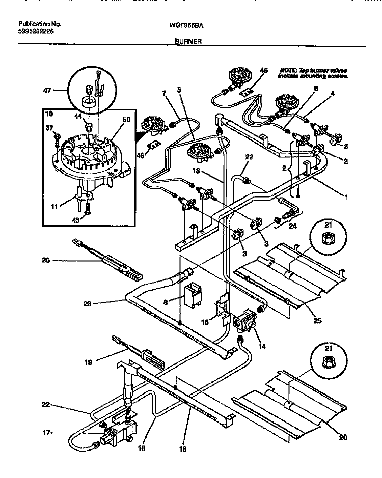 BURNER Diagram and Parts List for WGF355BADA  Frigidaire Range