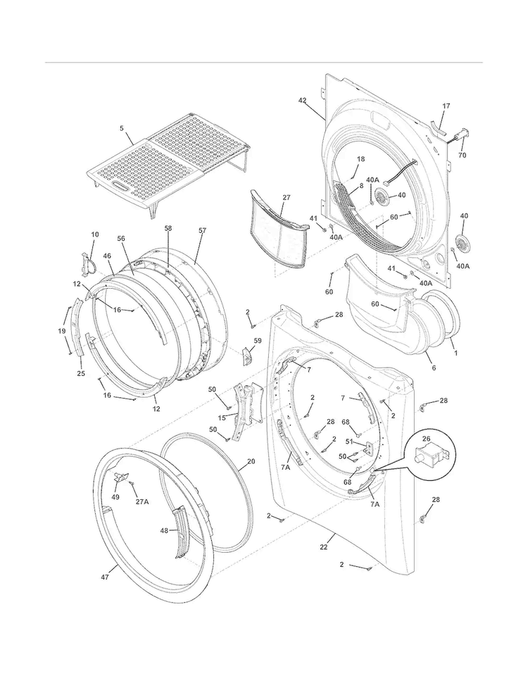 Front Panel/lint Filter Diagram and Parts List for EWMED7CJSS2  Electrolux Dryer