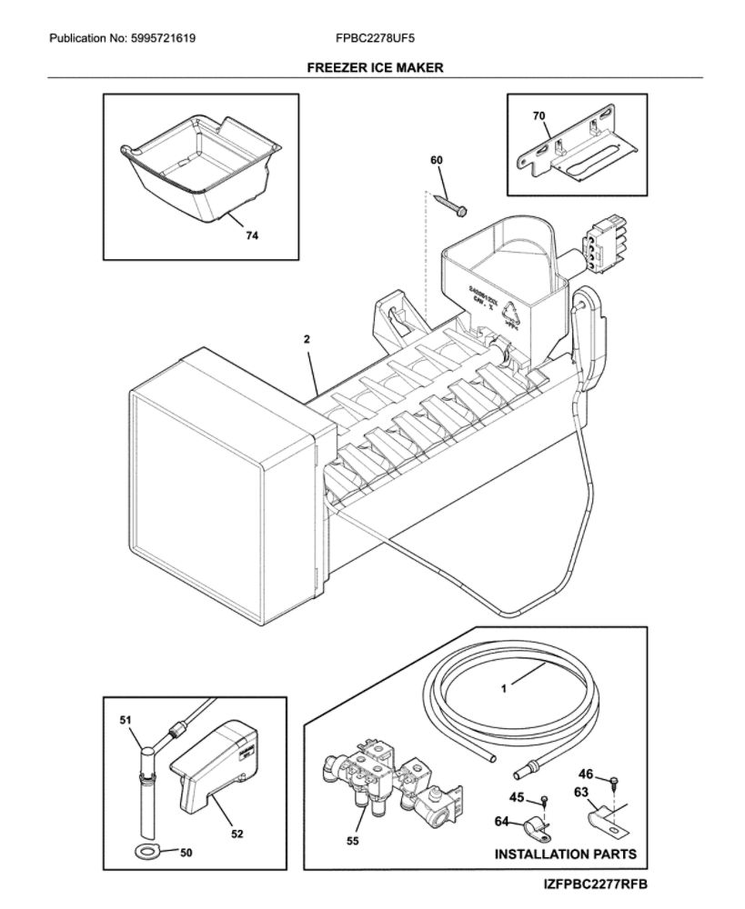 Freezer Ice Maker Diagram and Parts List for FPBC2278UF5  Frigidaire Refrigerator