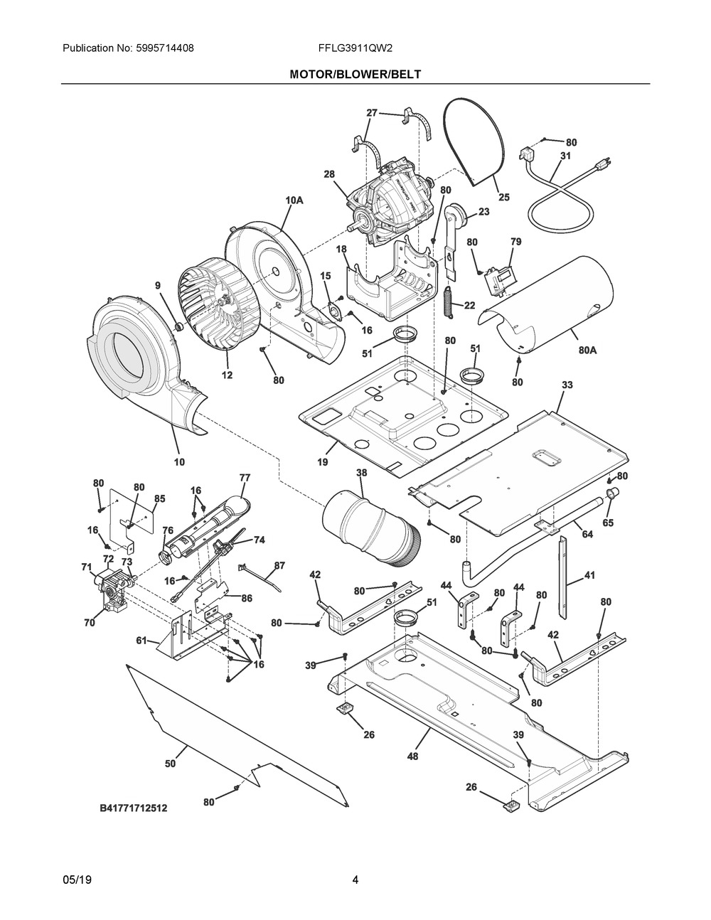 Motor/blower/belt Diagram and Parts List for FFLG3911QW2  Frigidaire Washer Dryer Combo