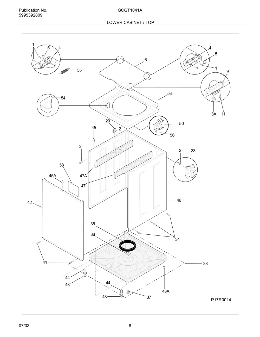 Lower Cabinet / Top Diagram and Parts List for GCGT1041A  Frigidaire Dryer