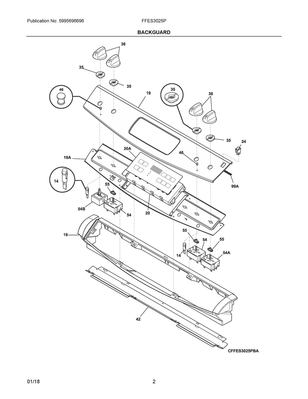 Backguard Diagram and Parts List for FFES3025PBJ  Frigidaire Range