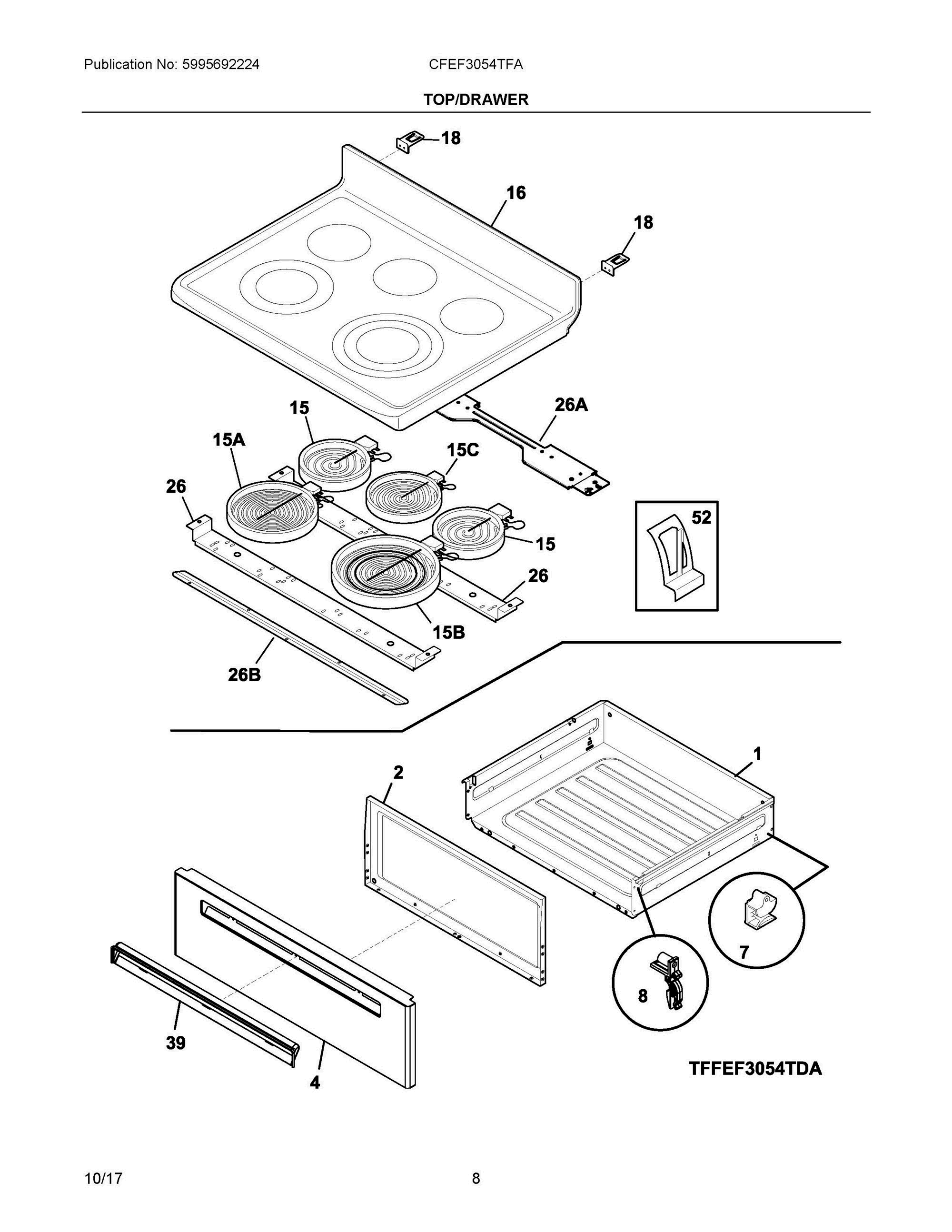 04 - TOP/DRAWER Diagram and Parts List for CFEF3054TFA  Frigidaire Range