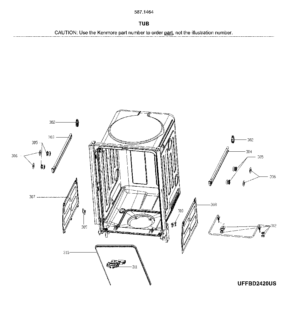 Tub Diagram and Parts List for 58714649J01B  Kenmore Dishwasher