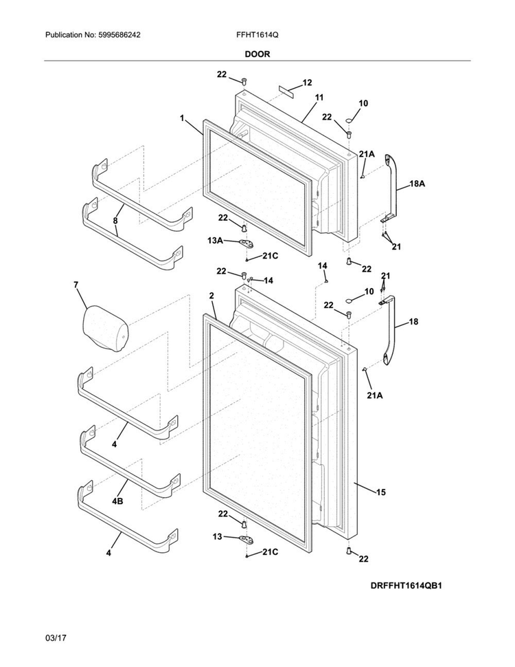 Door Diagram and Parts List for FFHT1614QB6  Frigidaire Refrigerator