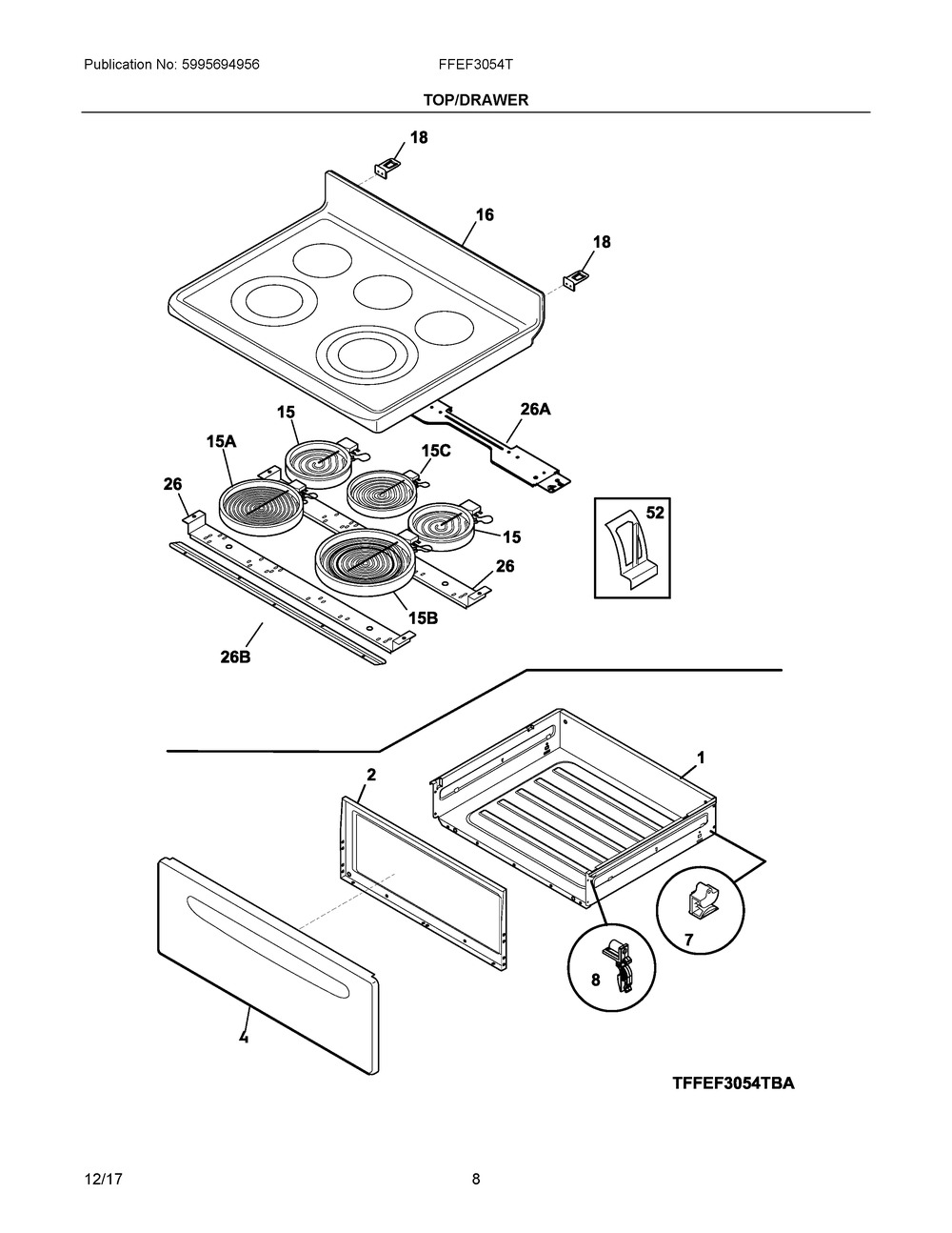 Top/drawer Diagram and Parts List for FFEF3054TBD  Frigidaire Range