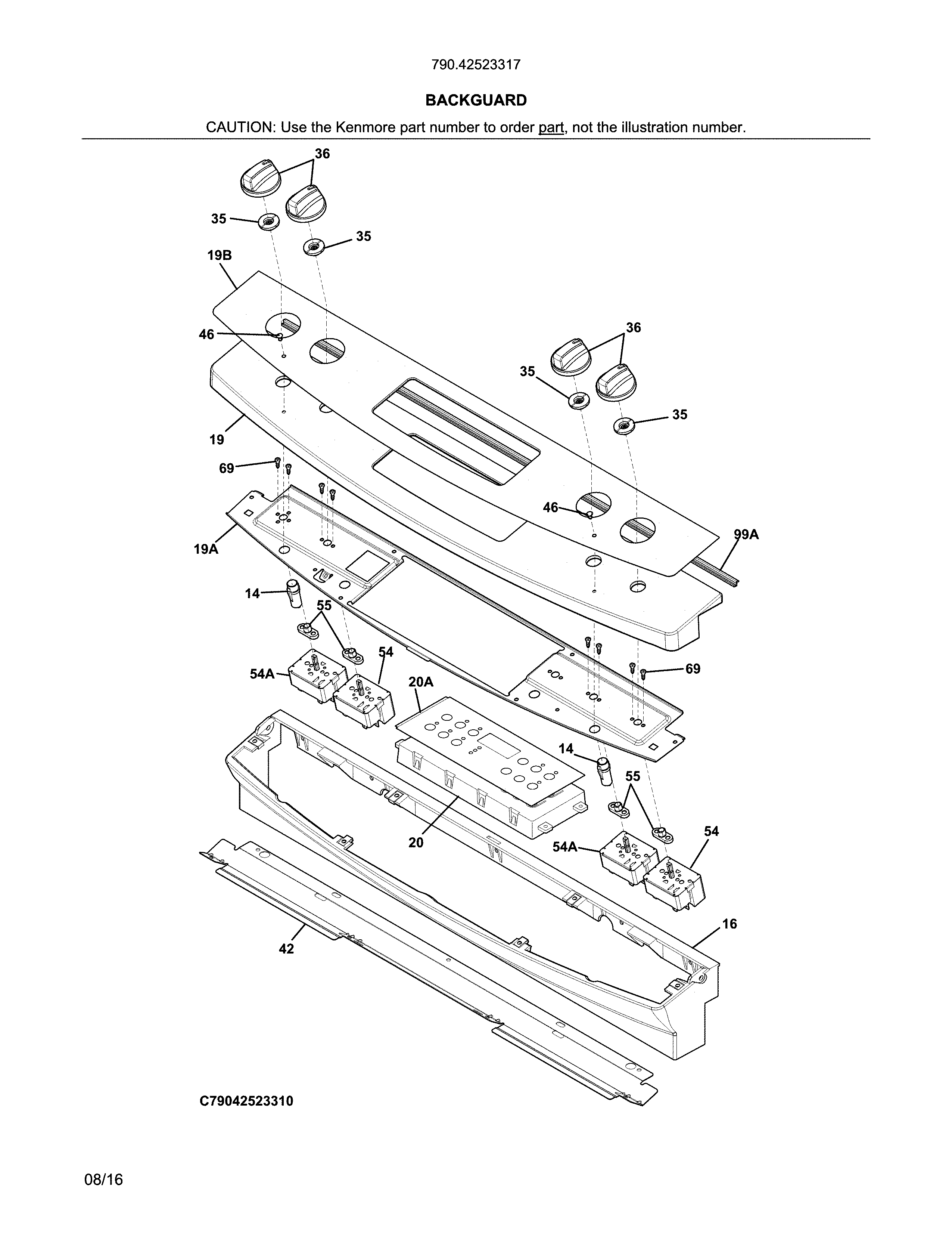 Backguard Diagram and Parts List for 79042523317  Kenmore Range