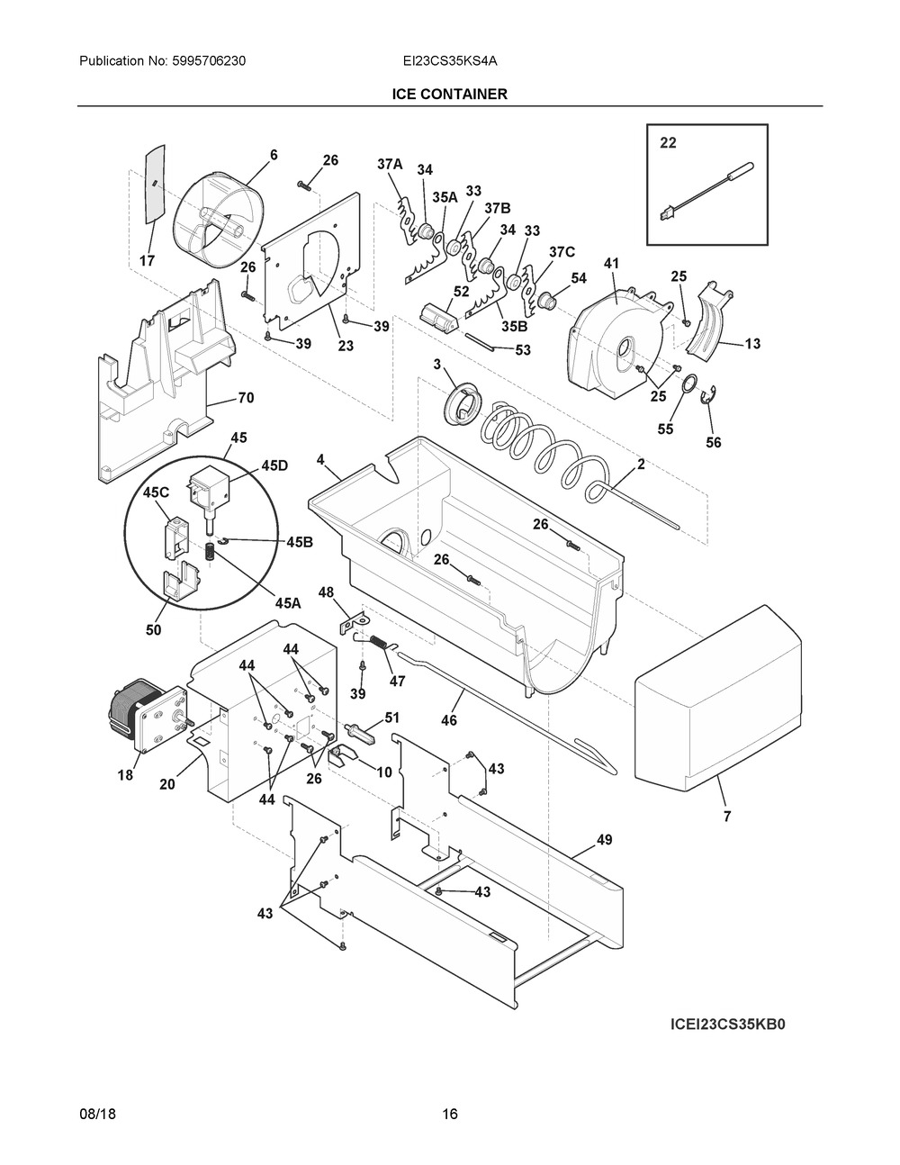 Ice Container Diagram and Parts List for EI23CS35KS4A  Frigidaire Refrigerator