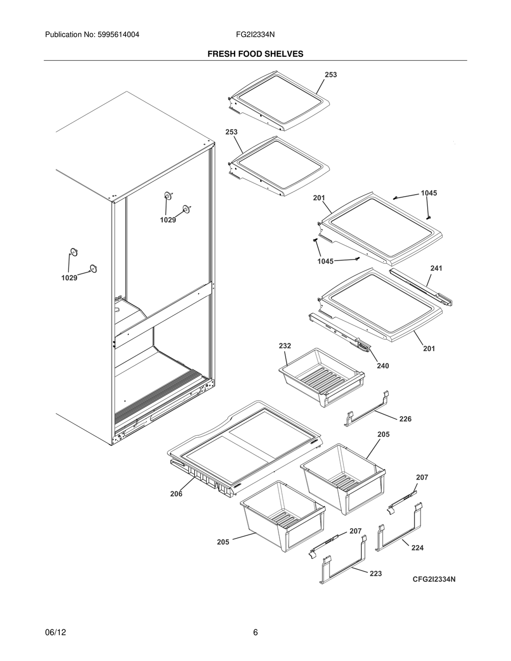 Fresh Food Shelves Diagram and Parts List for FG2I2334NE  Frigidaire Refrigerator
