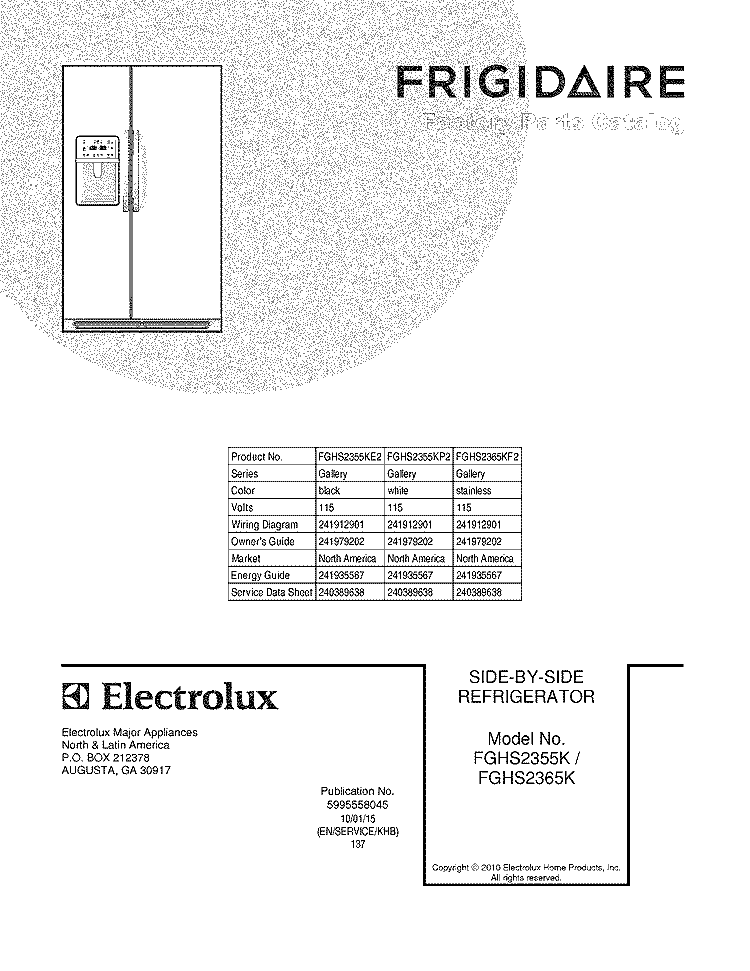 COVER Diagram and Parts List for FGHS2355KE2  Frigidaire Refrigerator