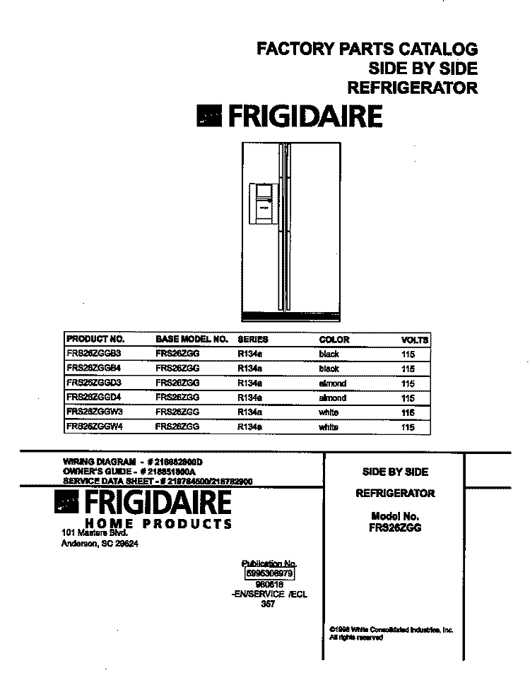 COVER Diagram and Parts List for FRS26ZGGB4  Frigidaire Refrigerator