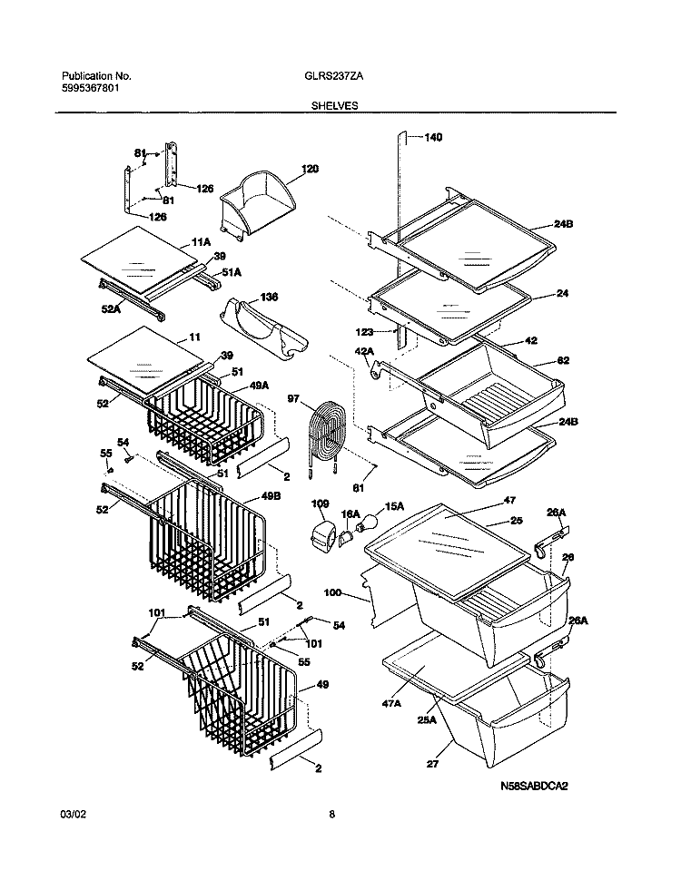 SHELVES Diagram and Parts List for GLRS237ZAW4  Frigidaire Refrigerator