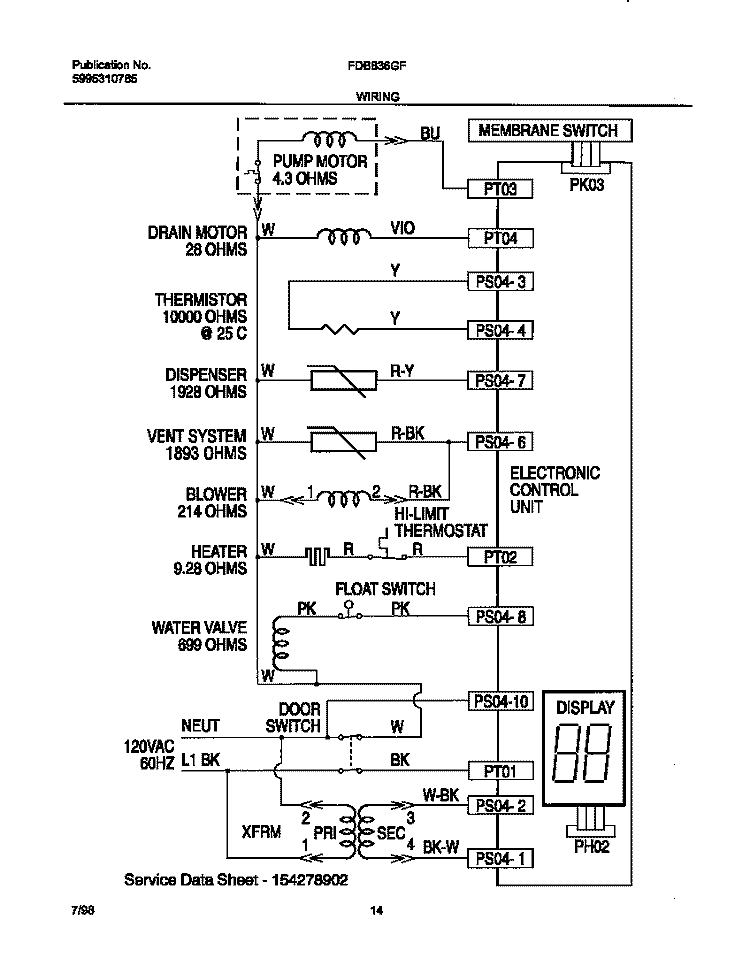 WIRING DIAGRAM Diagram and Parts List for FDB836GFB3  Frigidaire Dishwasher