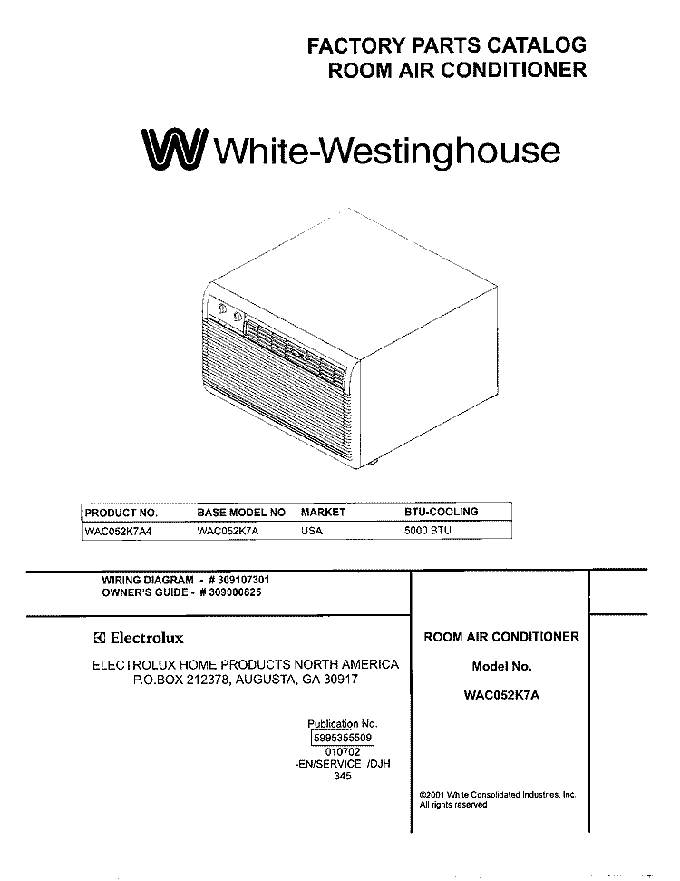 COVER Diagram and Parts List for WAC052K7A4  Westinghouse Air Conditioner