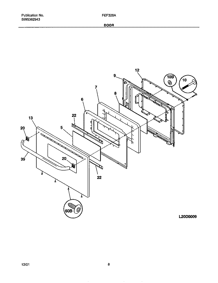 DOOR Diagram and Parts List for FEF326ABA  Frigidaire Range
