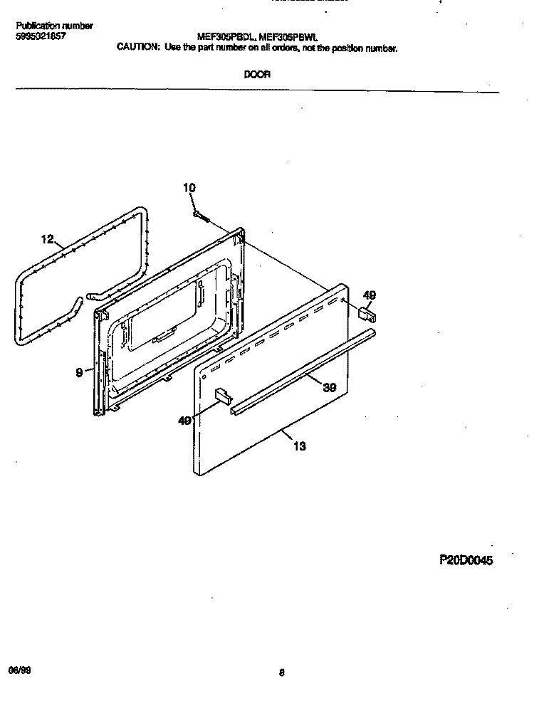 DOOR Diagram and Parts List for MEF305PBDL  Frigidaire Range