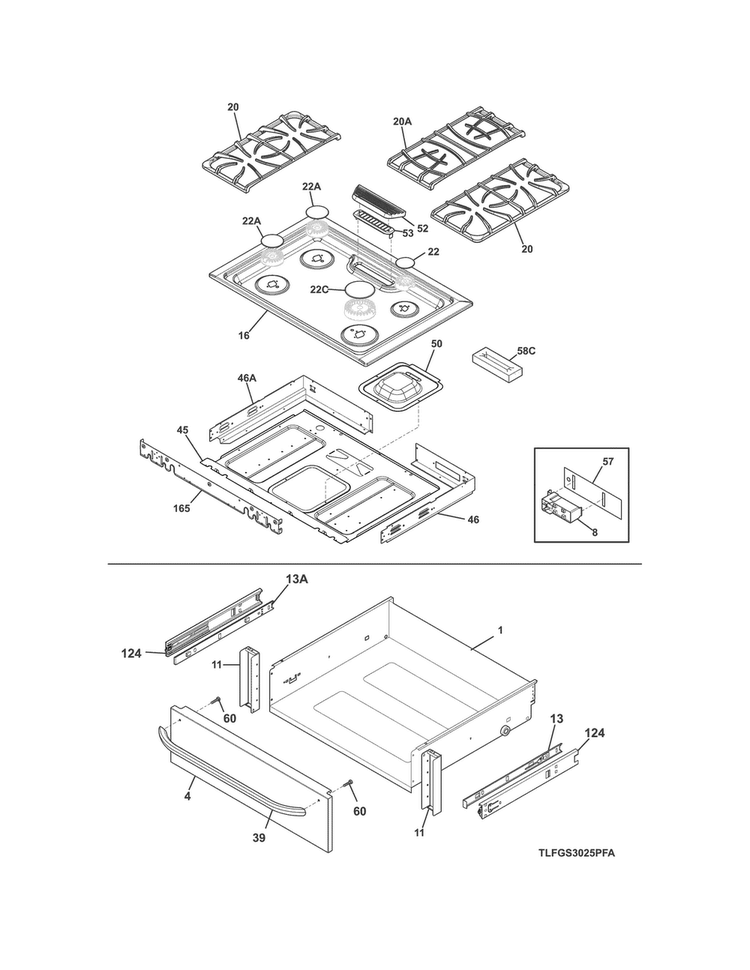 Top/drawer Diagram and Parts List for LFGS3025PFF  Frigidaire Range