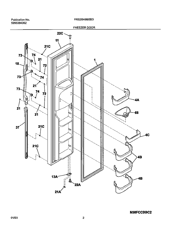 FREEZER DOOR Diagram and Parts List for FRS26HBBSB3  Frigidaire Refrigerator