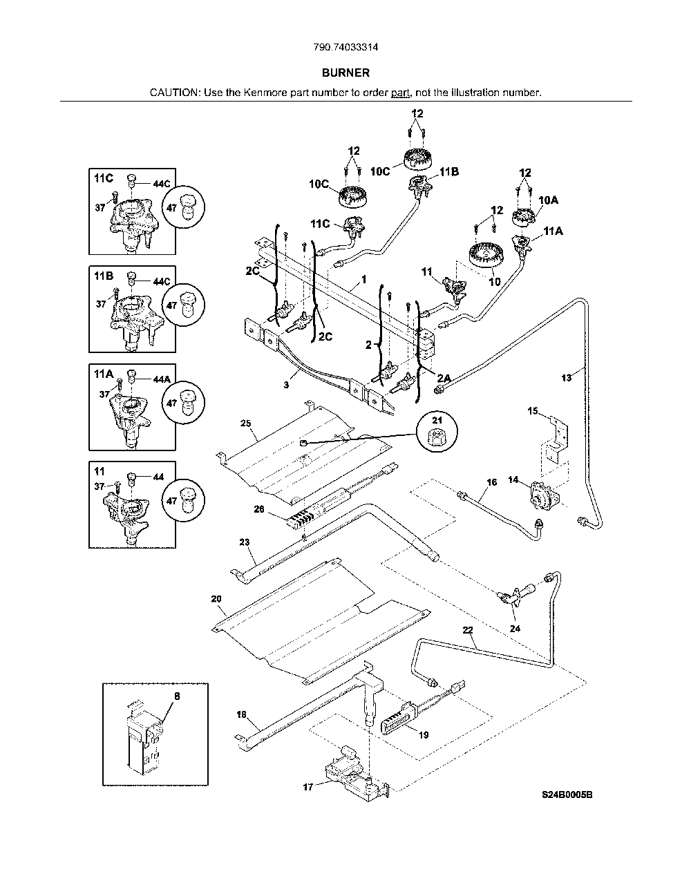 Burner Diagram and Parts List for 79074033314  Kenmore Range