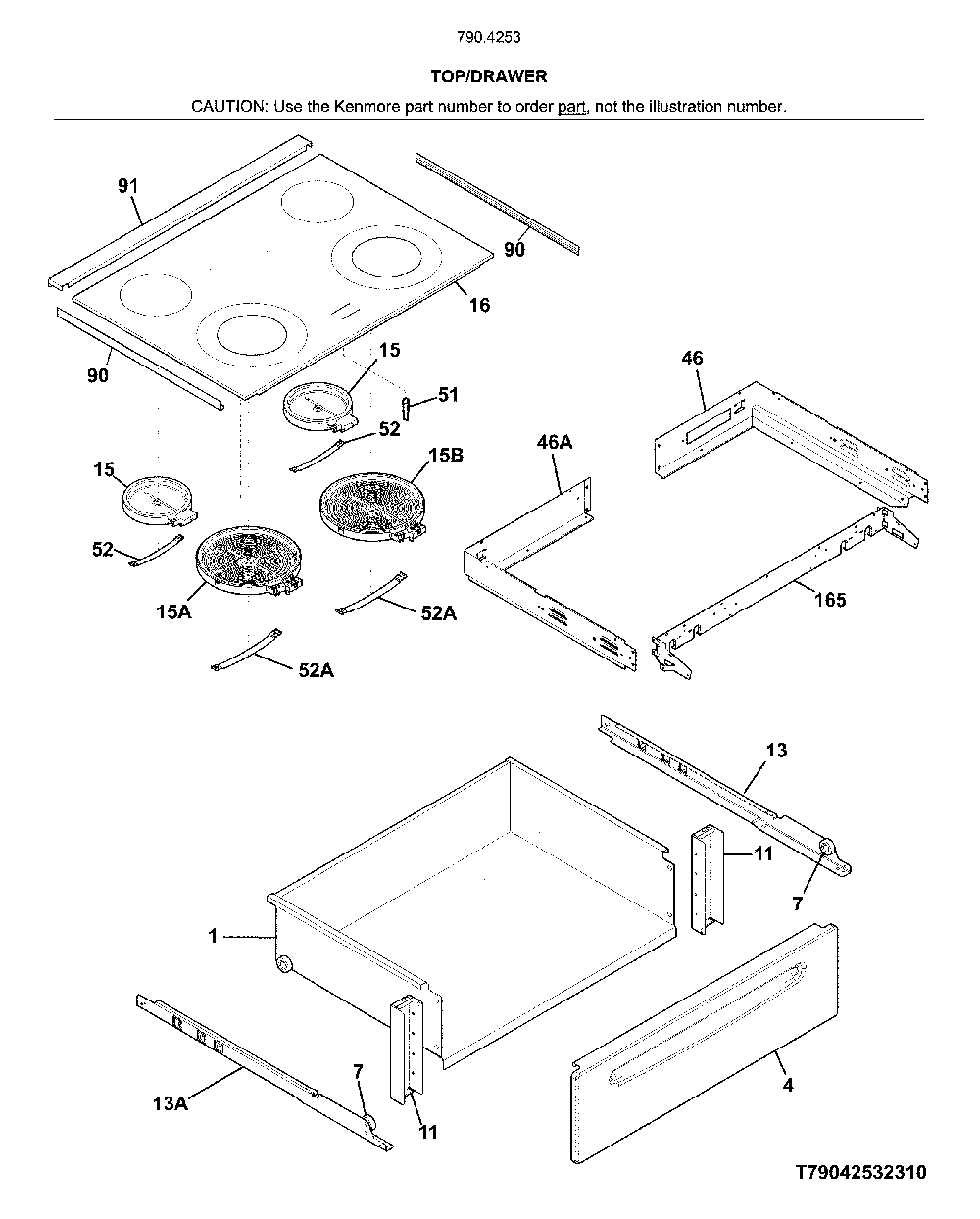Top/drawer Diagram and Parts List for 79042531311  Kenmore Range