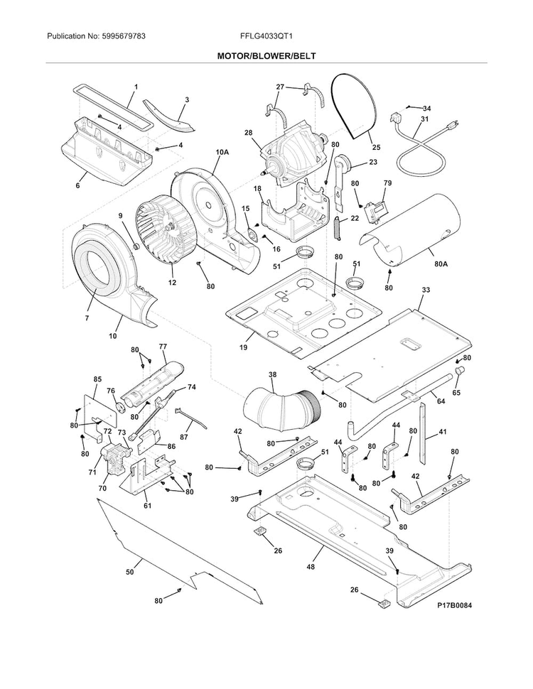 Motor/blower/belt Diagram and Parts List for FFLG4033QT1  Frigidaire Washer Dryer Combo