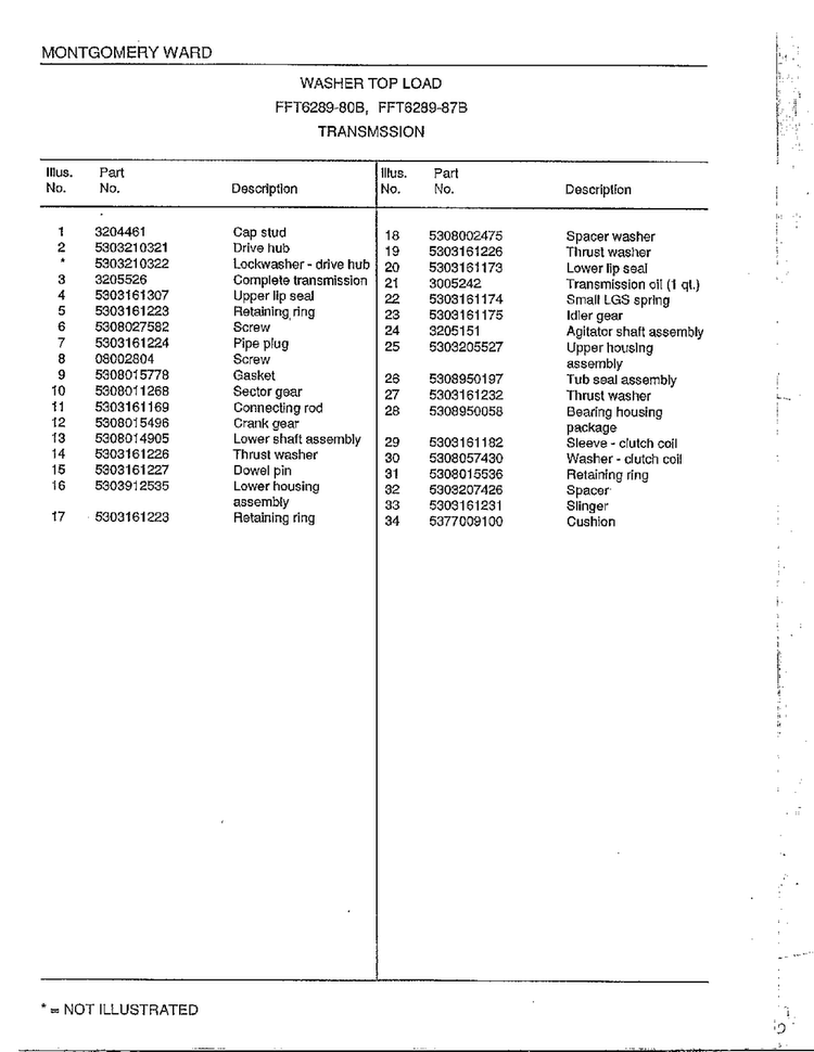 Transmission Page 2 Diagram and Parts List for 6289-80B  Frigidaire Washer