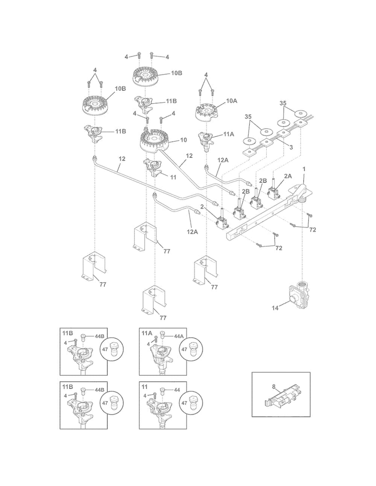 Burner Diagram and Parts List for FFGC3025LSC  Frigidaire Cooktop