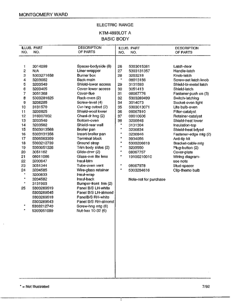 Basic Body Page 2 Diagram and Parts List for 4893A  Frigidaire Range