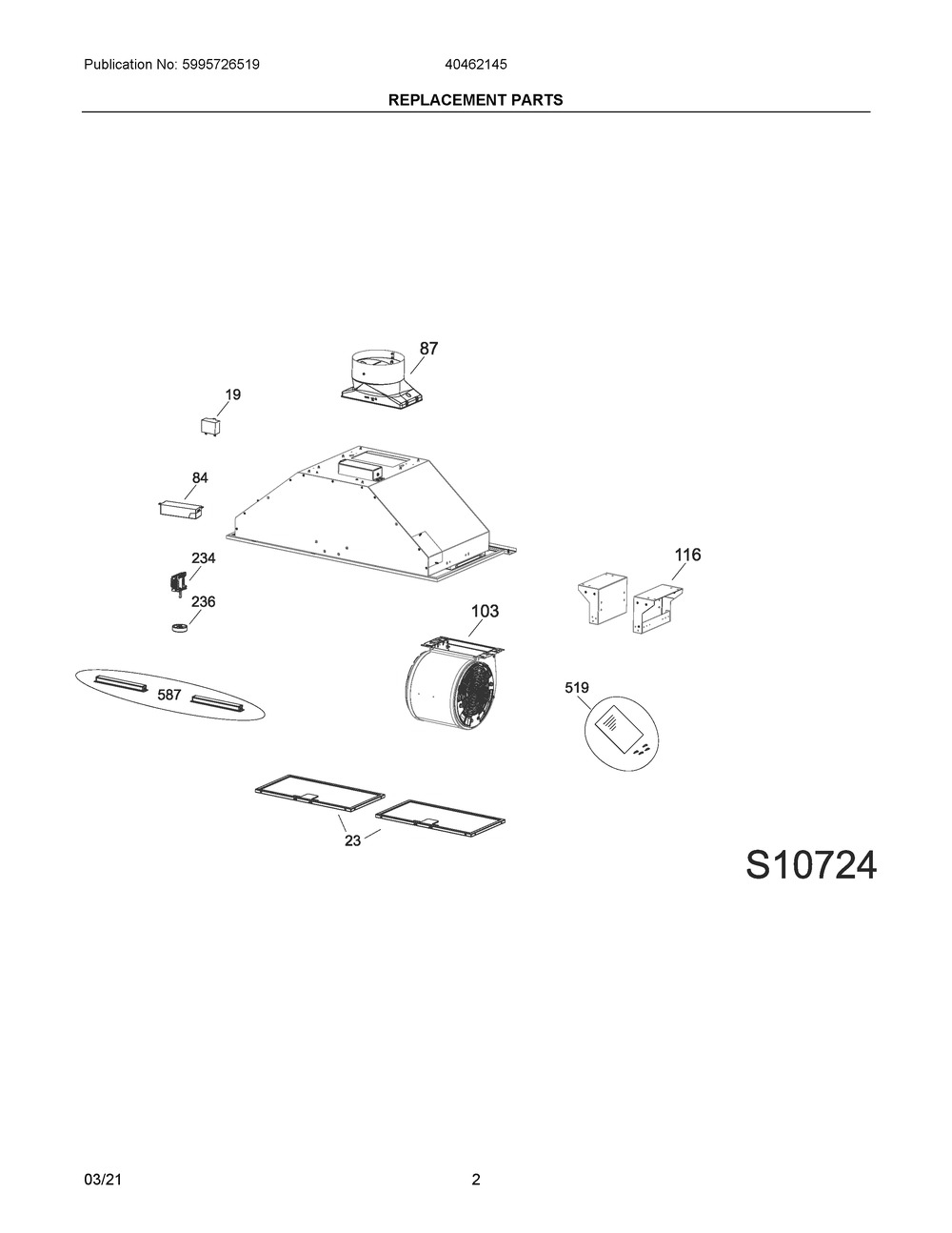 Replacement Parts Diagram and Parts List for 40462145  Frigidaire Range Hood