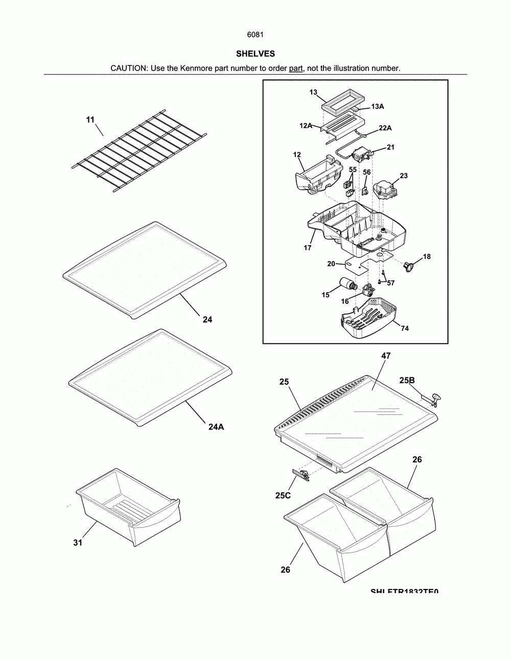 Shelves Diagram and Parts List for 25360813710  Kenmore Refrigerator