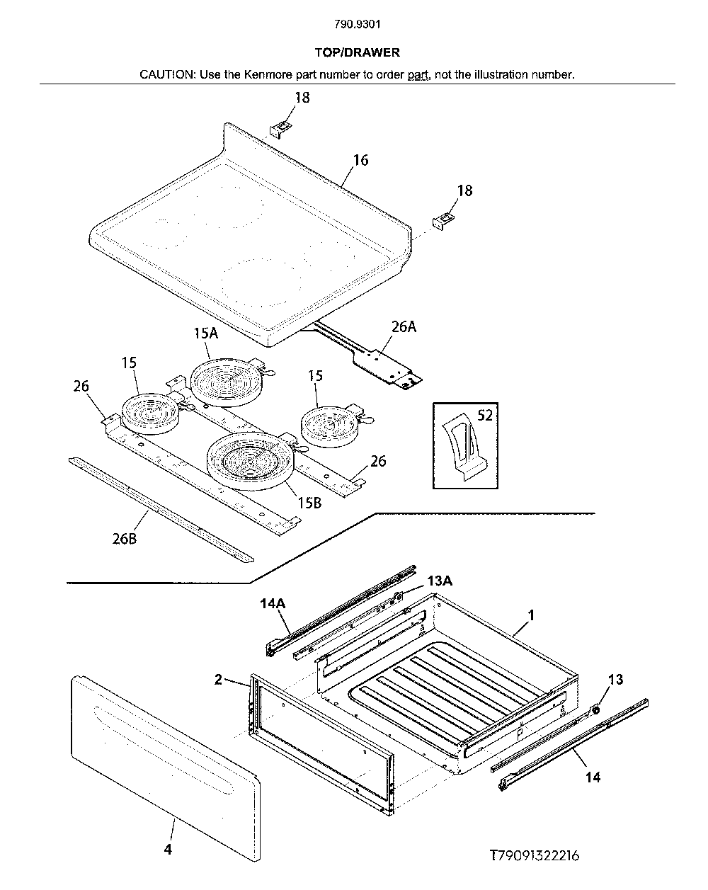 Top/drawer Diagram and Parts List for 79093019316  Kenmore Range