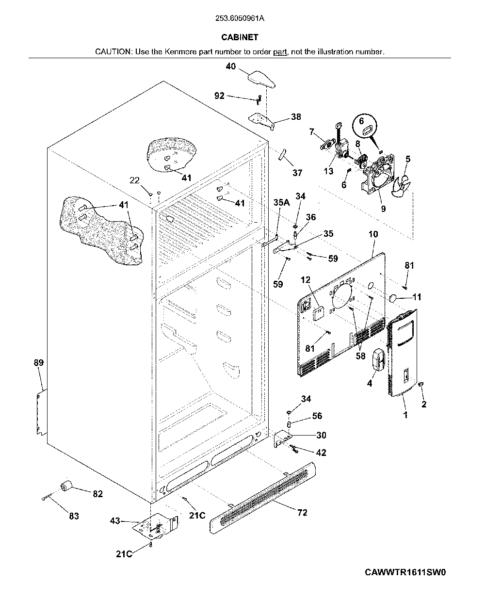 Cabinet Diagram and Parts List for 2536050961A  Kenmore Refrigerator