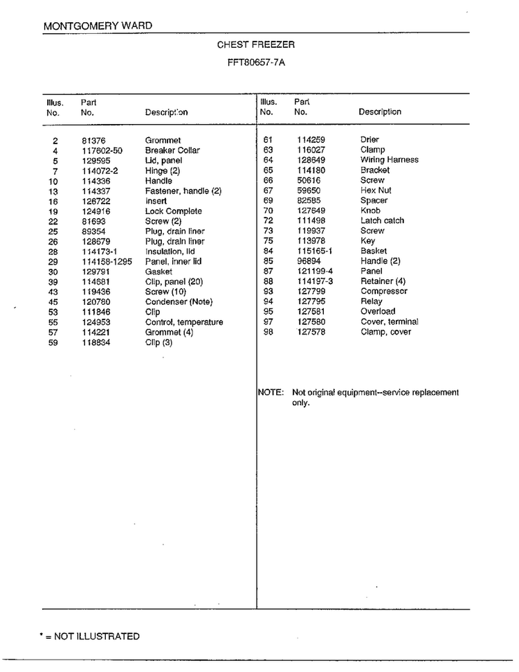 Chest Freezer Page 2 Diagram and Parts List for 80657-7A  Frigidaire Freezer