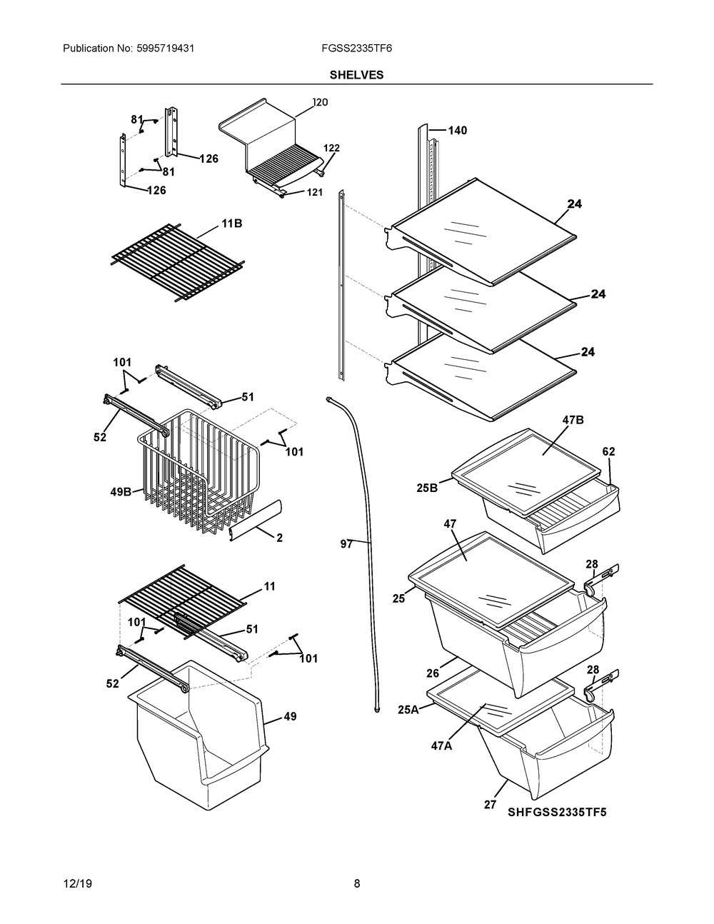 Shelves Diagram and Parts List for FGSS2335TF6  Frigidaire Refrigerator